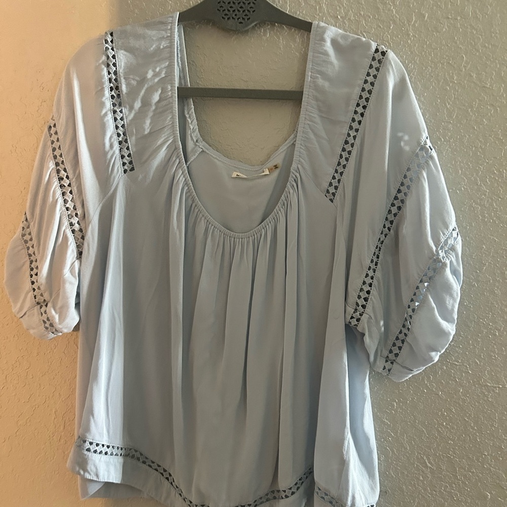 Mustard Seed Light Blue Blouse with Lace Accents